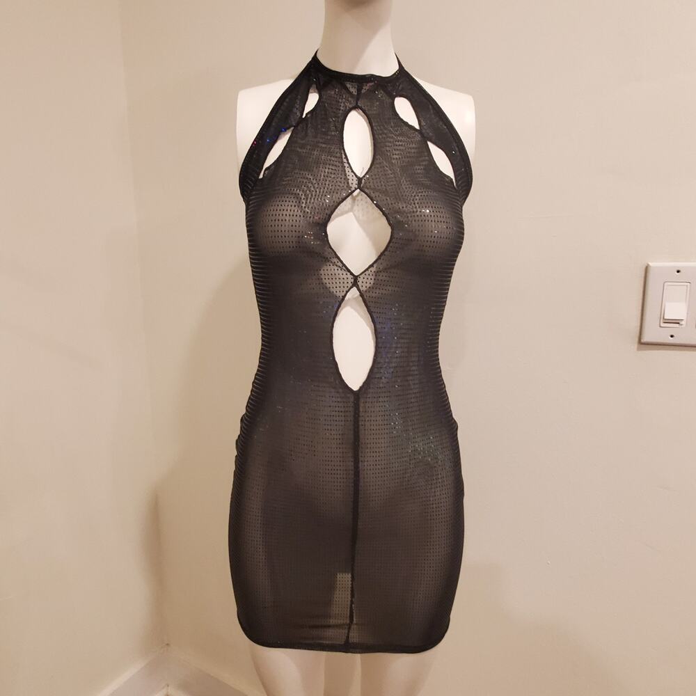 PrettyLittleThing Black Halter Cutout Mesh Mini Dress